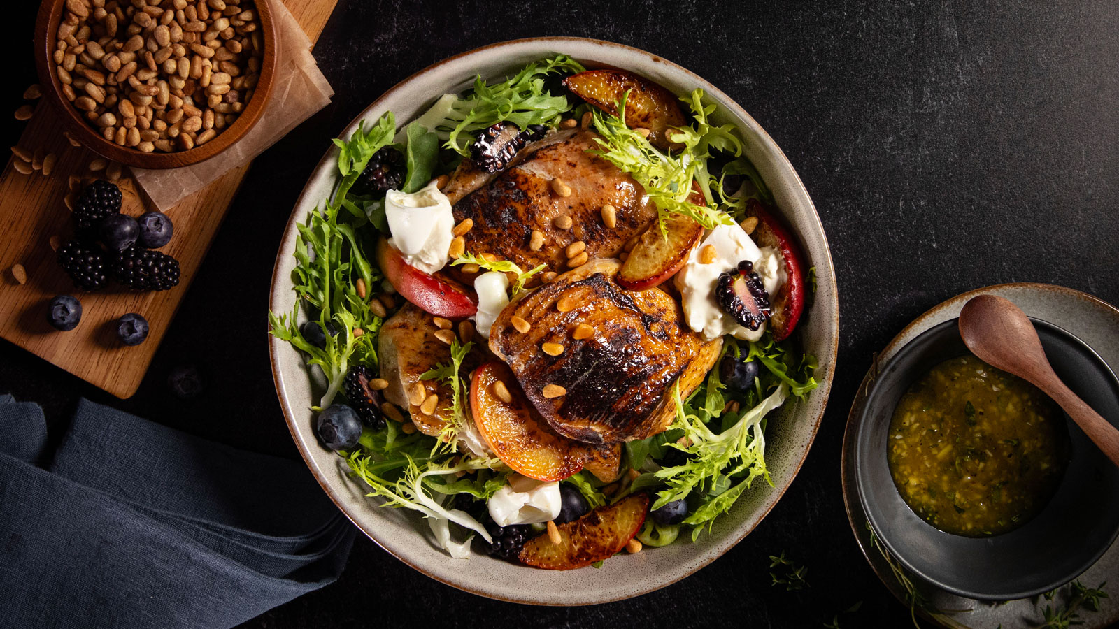 Charred Peach Salad with Burrata, Mixed Berries, Honey Thyme Vinaigrette and Chicken Breast