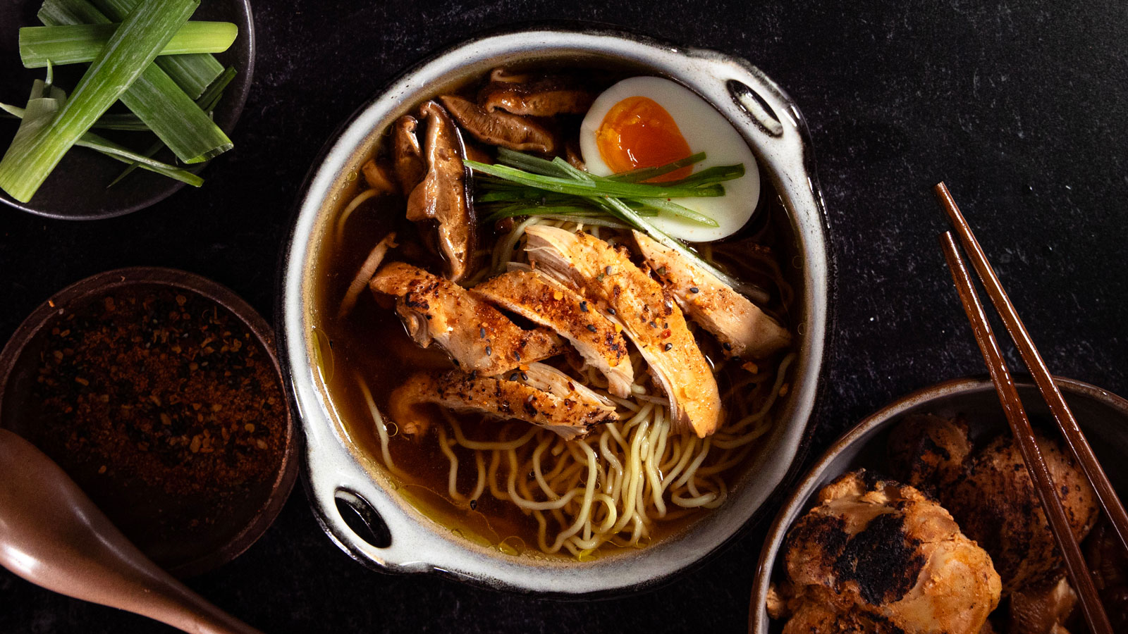 Chicken Breast, Ramen with Shitake Mushroom, Green Onion, and Soft-Boiled Egg